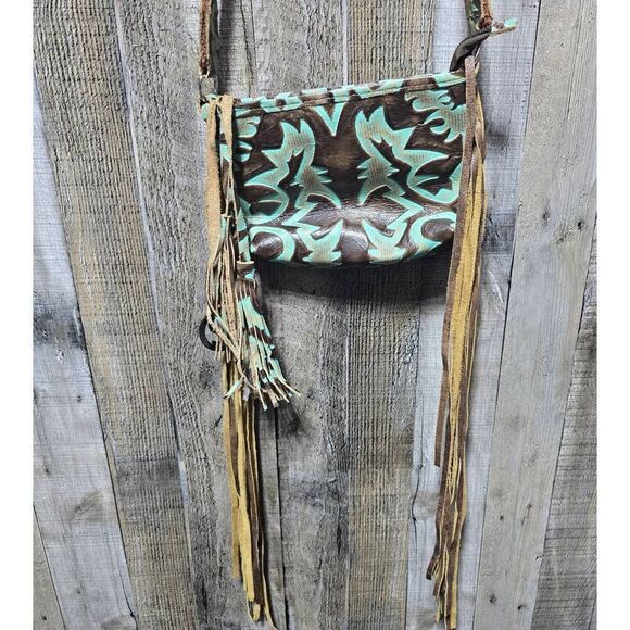 Raviani Turquoise & Choclate Leather Fringe/Tassle Crossbody - Picture 2 of 7